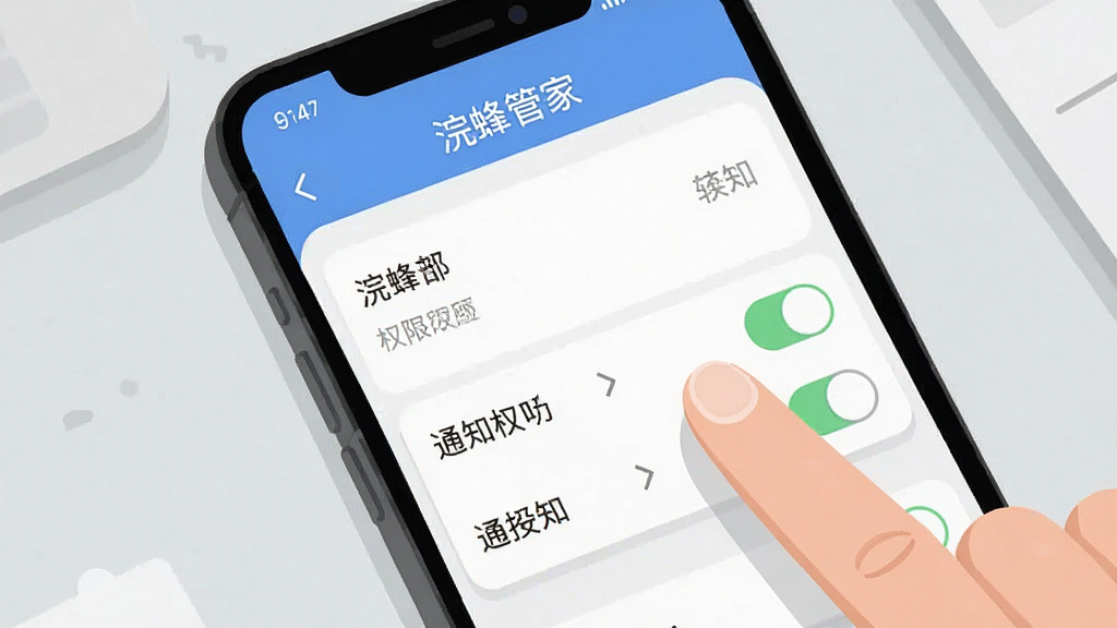 手机屏幕特写,屏幕中显示“浣蜂管家”设置页面与权限开关列表,旁边有一只手指正在点击通知权限选项,背景为浅灰色桌面,界面元素清晰,扁平化插画风格,画质干净,无多余元素