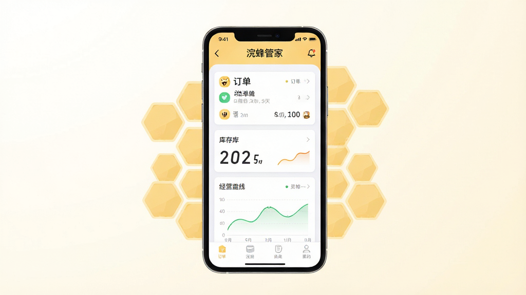 画面中央放置一部竖屏智能手机,手机屏幕上显示“浣蜂管家”应用主界面,界面包含订单卡片、库存数字与经营曲线图表,手机周围环绕浅黄色六边形蜂巢纹理装饰,背景为干净的米白色渐变,整体采用扁平化矢量插画风格,细节清晰,画质干净,无多余元素