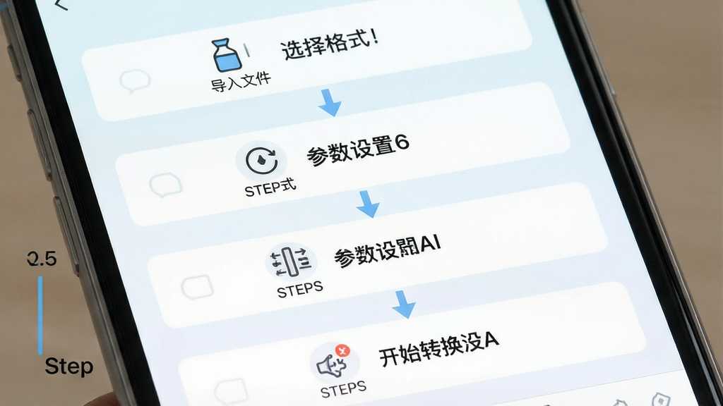 一张展示手机端音频转换操作流程的示意图,画面为手机屏幕竖版布局,从上到下依次显示导入文件、选择格式、参数设置、开始转换四个步骤的界面截图风格,每个步骤配有简洁的图标与文字说明,布局为纵向流程图式,风格为清新浅色教程风,细节包含步骤编号与操作箭头,画质高清,干净,无多余元素