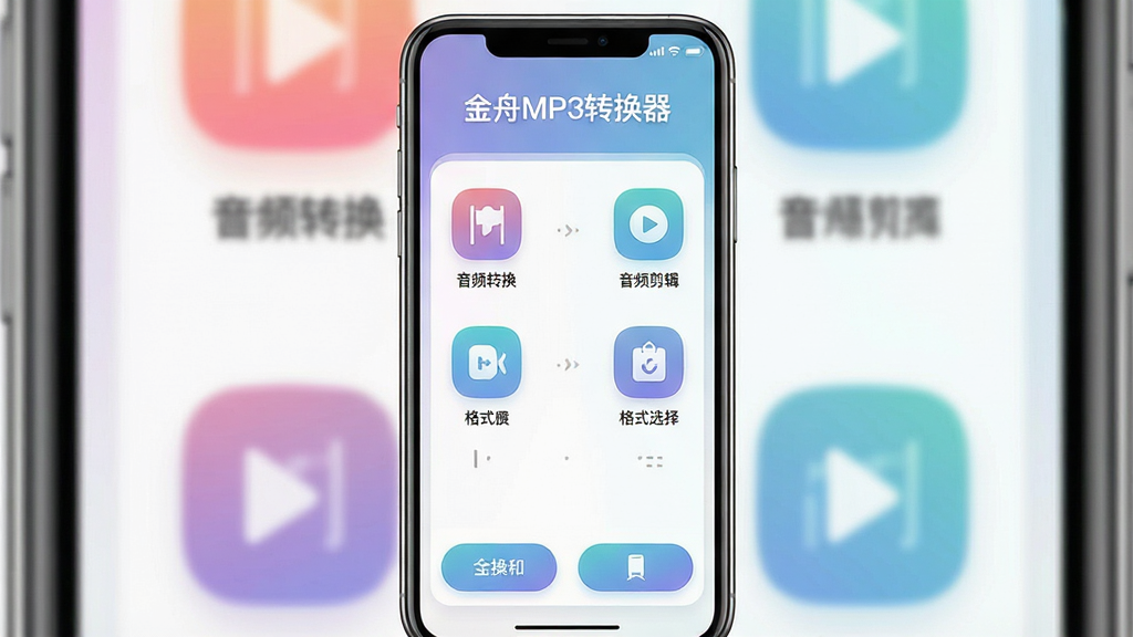 一张展示金舟MP3转换器手机端主界面的竖版应用截图风格图片,画面中央是手机屏幕,屏幕内显示金舟MP3转换器的功能首页,顶部有软件名称“金舟MP3转换器”字样,中部排列着音频转换、音频剪辑、格式选择等功能图标,底部为操作按钮,整体布局清晰整洁,风格为现代简约科技风,细节包含圆角图标与柔和渐变背景,画质高清,干净,无多余元素
