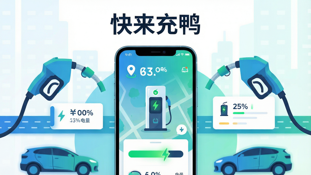 画面主体为一部智能手机居中摆放,屏幕显示充电桩地图界面与绿色能量条,周围环绕充电枪、电动汽车轮廓与城市道路线条,布局采用中心聚焦式构图,上方留白放置文字“快来充鸭”,整体风格为扁平化科技插画,细节包含定位图标、电量百分比数字与简洁卡片式信息栏,画质清晰锐利,背景干净无杂乱元素,配色以蓝绿渐变为主,明亮通透