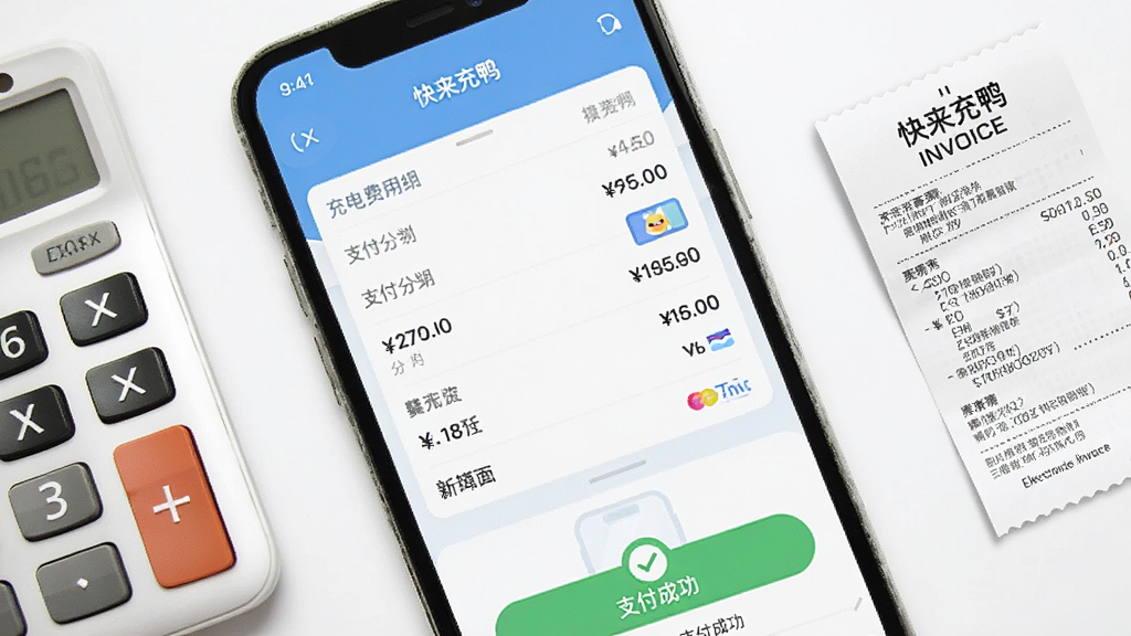 画面主体为手机屏幕展示充电费用明细列表与支付成功对勾图标,旁边放置计算器与电子发票小票,布局为平铺桌面组合,风格为简约商务插画,细节包含分项金额数字、支付方式图标与“快来充鸭”界面抬头,画质清晰锐利,背景为白色桌面,干净无杂物