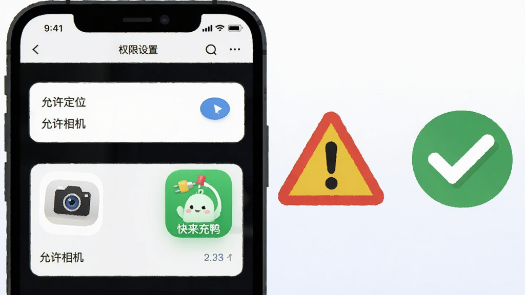 画面主体为手机屏幕显示权限设置列表与充电应用图标,旁边放置警示三角标与对勾图标,布局为左右对比式构图,风格为扁平化提示插画,细节包含“允许定位”“允许相机”文字标签与“快来充鸭”应用图标,画质干净清晰,背景为浅色渐变,无多余装饰