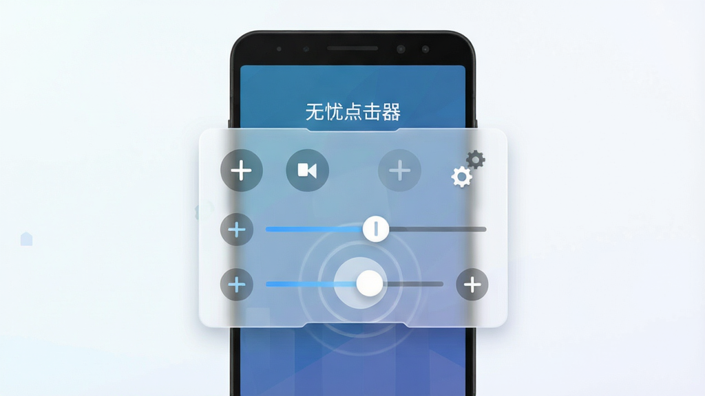主体为一部安卓手机屏幕中央悬浮着半透明控制面板,面板上分布着加号标记与频率调节滑块,布局为手机正面居中展示,背景为简洁浅色渐变,风格为科技感扁平插画,细节包含点击波纹动画与齿轮图标,画面干净无多余元素,画质高清,图片中文字标注“无忧点击器”