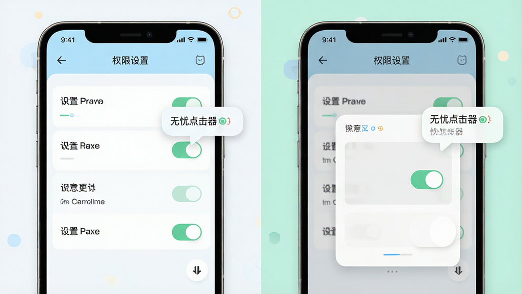 主体为手机屏幕展示权限设置页面与悬浮窗开关,布局为左右分栏对比展示,风格为清新浅色扁平插画,细节包含权限开关图标与提示气泡,画面干净整洁,画质高清,图片中文字标注“无忧点击器”