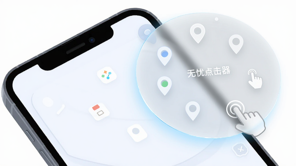 主体为一部手机屏幕上层悬浮的半透明圆形控制面板,面板上有多个定位标记点,布局为手机屏幕右上角悬浮展示,风格为清爽扁平化UI插画,细节包含面板边缘光晕与手指触控图标,画面干净简洁,画质清晰,图片中文字标注“无忧点击器”