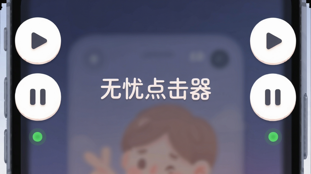 主体为手机屏幕上的悬浮按钮组,布局为屏幕边缘竖排排列,风格为柔和圆角扁平插画,细节包含播放与暂停图标以及状态指示灯,画面干净清爽,画质高清,图片中文字标注“无忧点击器”