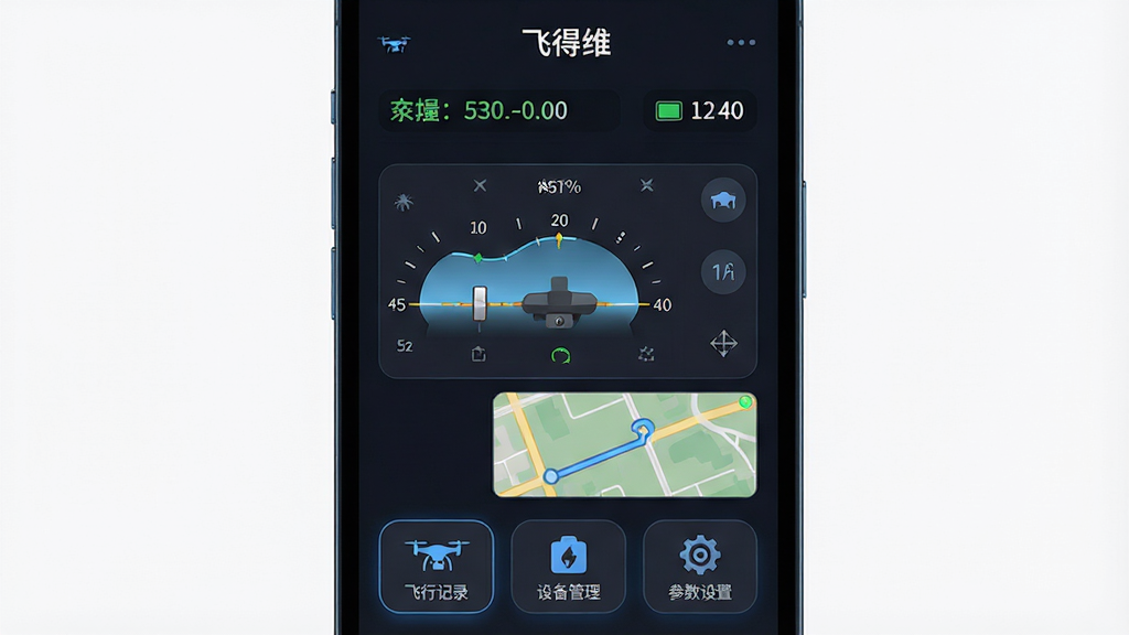 一张展示智能手机屏幕的图片,屏幕中央是名为“飞得维”的无人机飞行辅助软件主界面,界面采用深色科技风背景,上方显示飞行器连接状态与电量信息,中部为姿态仪表盘与地图航线缩略图,下方排列着飞行记录、设备管理、参数设置等图标按钮,整体布局清晰对称,风格为现代扁平化UI设计,细节包括细腻的图标描边与柔和的蓝色光效,画质高清,画面干净,无多余元素
