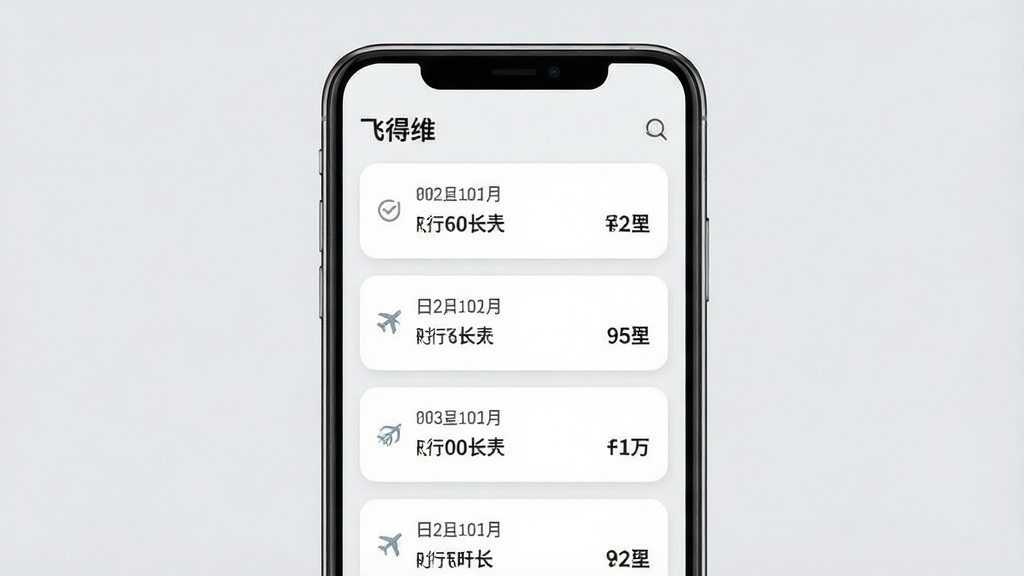 一张展示“飞得维”软件飞行记录页面的图片,画面中央为手机屏幕,屏幕内以卡片列表形式排列多条飞行记录,每条卡片显示日期、飞行时长与里程数据,背景为浅灰色,卡片为白色圆角设计,风格清新简洁,细节包括细小的图标与浅色分隔线,画质高清,画面干净,无多余元素