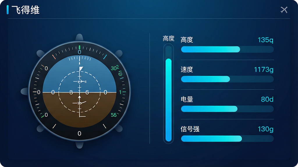 一张科技感十足的界面示意图,画面主体是“飞得维”软件的飞行数据监测面板,左侧为圆形姿态仪表,右侧竖向排列高度、速度、电量与信号强度数据条,背景为深蓝渐变,数据以青蓝色高亮显示,整体排版规整,风格简洁现代,细节包括细线分隔与柔和阴影,画质清晰,画面干净,无多余元素