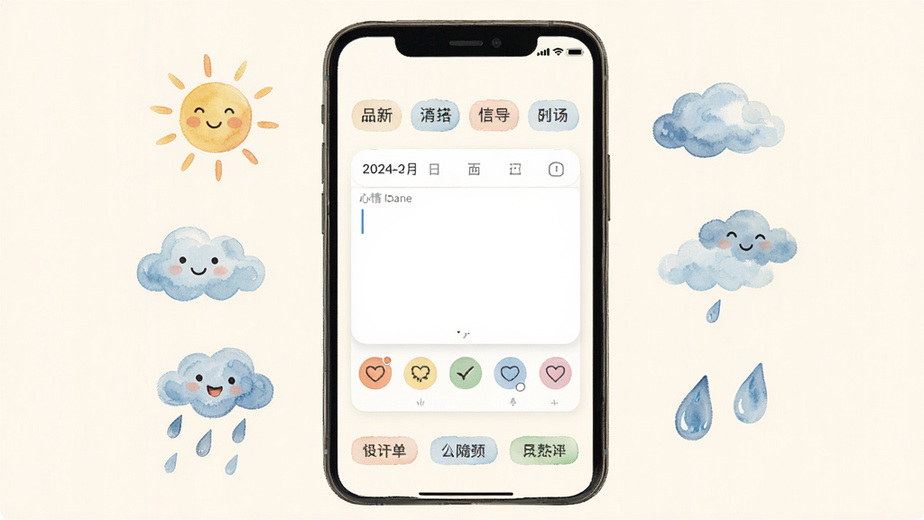 一张展示情绪日记本应用主界面的手机屏幕截图,画面中央是简洁的日记输入框和心情选择图标,周围环绕着柔和的水彩风格心情符号如太阳、云朵、雨滴,布局为手机居中展示,背景为淡雅的米白色,风格清新治愈,细节包含日期选择栏和标签按钮,画质清晰干净,无多余元素