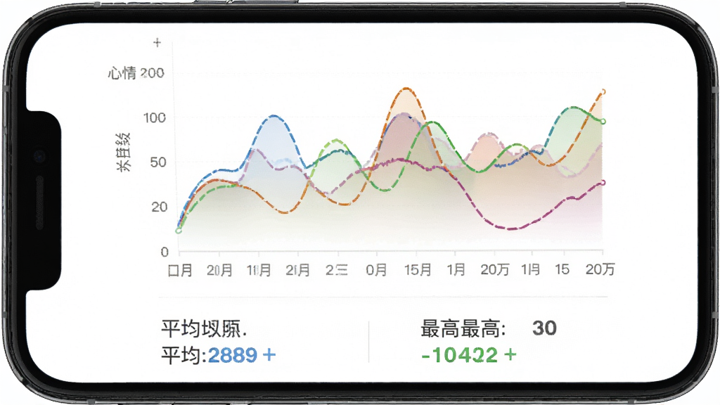 情绪日记本应用内的情绪趋势折线图界面,画面展示手机屏幕中一条起伏的彩色折线图,横轴为日期纵轴为心情等级,布局为上下结构上方为图表下方为统计摘要,风格现代简约,细节包含图表下方的平均值和最高最低标注,画质高清,背景干净