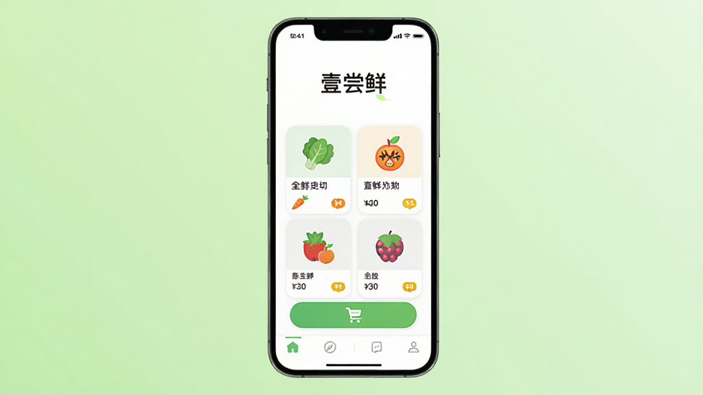 主体为一部竖屏智能手机,屏幕中央显示壹尝鲜应用首页界面,包含生鲜商品分类图标与购物车按钮;布局为手机居中、背景为浅绿色渐变;排版简洁,上方留白放置应用名称文字;风格为现代扁平化UI展示风格;细节包括蔬菜水果小图标、价格标签、底部导航栏;画质高清,干净,无多余元素