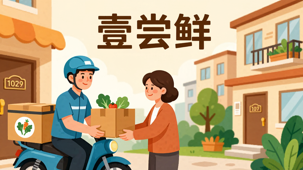 主体为一张社区生鲜配送场景插画,画面中有骑手将包裹递给居民、背景为社区楼房与绿植;布局为人物居左、楼房居右;排版上方居中放置壹尝鲜文字;风格为温暖明快的扁平插画风格;细节包括配送箱上的生鲜图标、门牌号元素;画质高清,干净,无多余元素