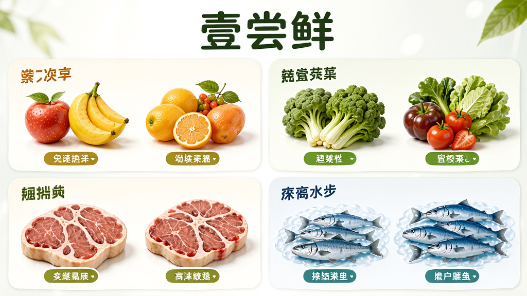 主体为一张横向展开的生鲜商品分类展示图,画面中排列水果、蔬菜、肉类、水产四个分区卡片;布局为四宫格均匀分布;排版上方居中放置壹尝鲜名称文字;风格为清新明亮的电商海报风格;细节包括每个卡片内有对应的食物插画与简短文字标签;画质高清,干净,无多余元素