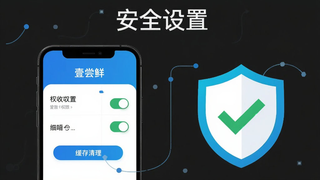 主体为一部手机屏幕显示壹尝鲜应用设置页面,旁边放置一个带对勾的盾牌图标;布局为手机居左、盾牌图标居右;排版上方居中放置