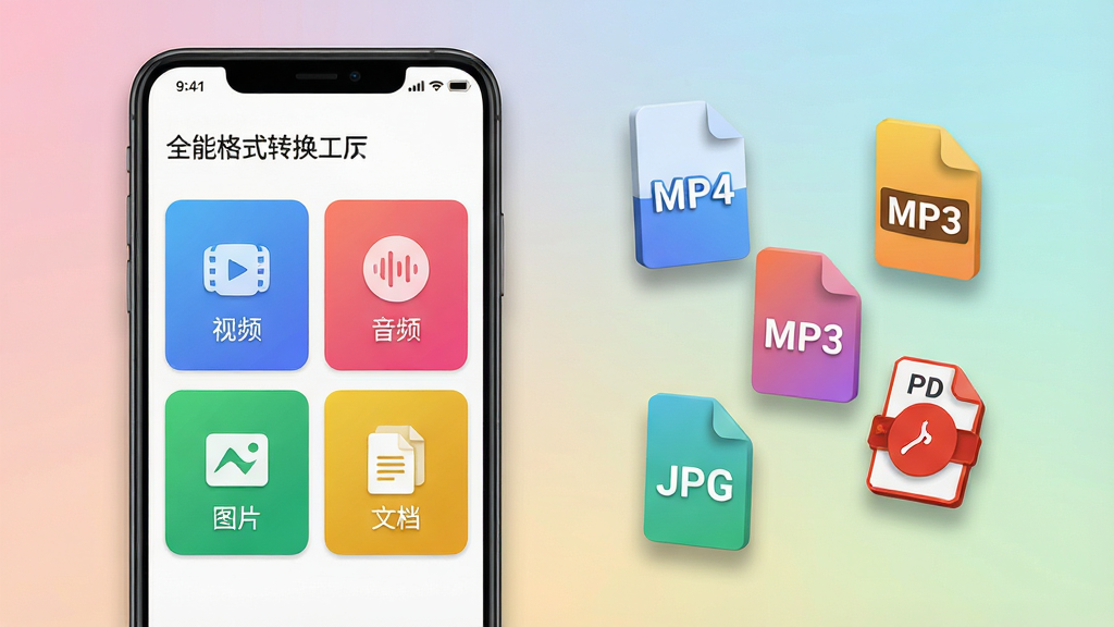 一张展示安卓手机界面的产品展示图,画面主体是一部竖屏手机,屏幕内呈现“全能格式转换工厂”的文件类型选择首页,包含视频、音频、图片、文档四个彩色功能卡片,手机右侧悬浮几个代表MP4、MP3、JPG、PDF的立体文件图标,整体布局为左手机右图标,风格清爽现代扁平化,细节包含柔和的渐变背景和轻微投影,画质高清,干净无多余元素
