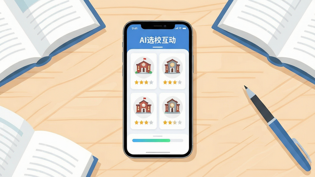 主体为一部智能手机屏幕,屏幕中展示AI选校互动软件界面,界面包含学校列表卡片与智能匹配进度条;布局为手机居中放置在浅色木质桌面上,周围点缀几本翻开的书籍和一支笔;排版简洁,手机屏幕内容清晰可见;风格为清新明快的扁平化插画风;细节包括屏幕内文字
