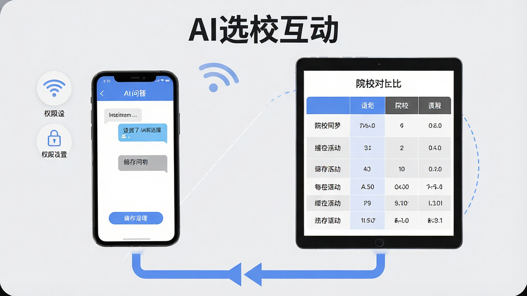 主体为AI选校互动软件在手机与平板双设备上的使用场景插画,左侧手机展示问答界面,右侧平板展示院校对比表格;布局为左右并列,设备下方有数据同步箭头连接;排版清晰,顶部有