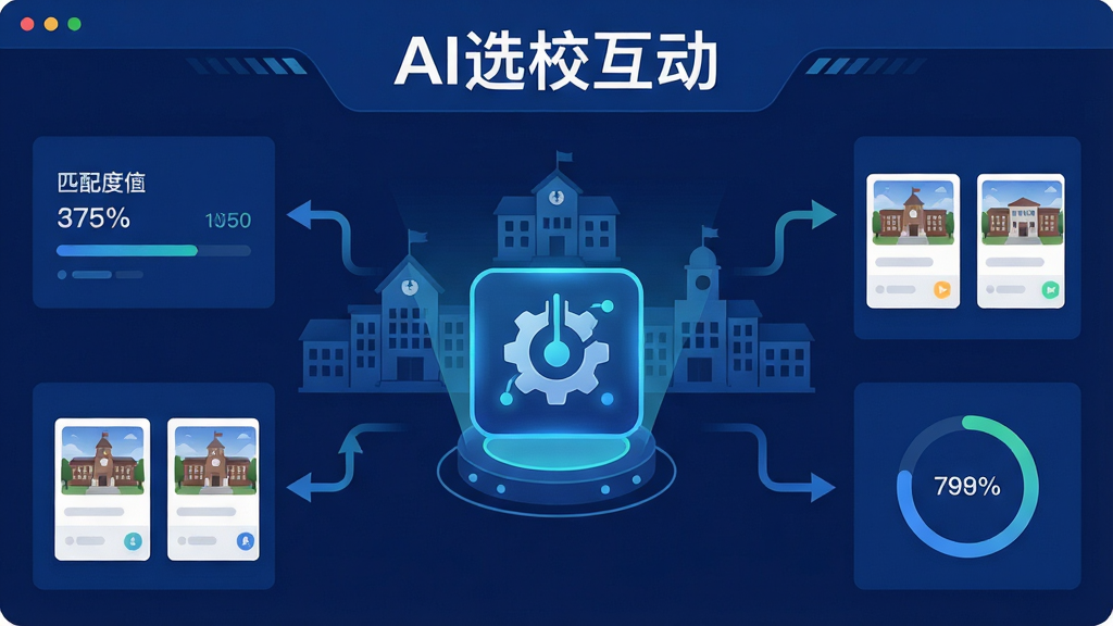 主体为AI选校互动软件的数据分析界面截图风格插画,画面中央是一个发光的智能匹配引擎图标,周围环绕着学校建筑剪影与数据流向箭头;布局为居中对称式构图;排版上标题