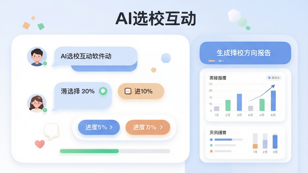 主体为AI选校互动软件的问答引导界面插画,画面展示一个对话气泡与选择按钮的组合,旁边有用户头像与进度指示条;布局为左右分栏,左侧为问答对话,右侧为生成的择校方向报告预览;排版清晰,标题