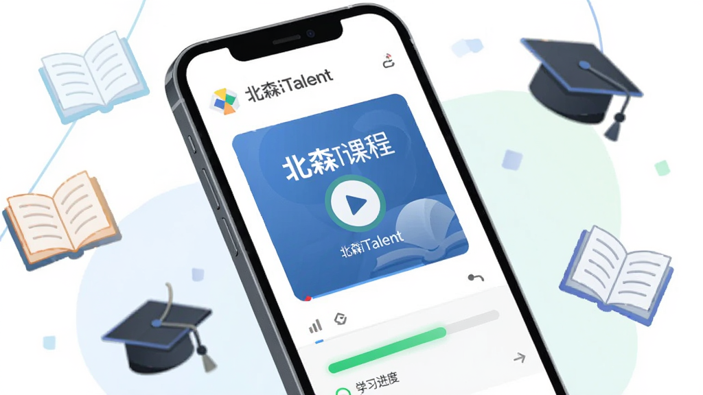 主体为智能手机屏幕展示北森iTalent在线课程播放界面与学习进度条;布局为手机居中,周围悬浮书籍图标与毕业帽图标;排版上手机略倾斜展示;风格为清新教育风插画;细节上进度条为绿色,课程封面带播放按钮,屏幕内文字标注“北森iTalent”;画质高清,画面干净,无多余元素