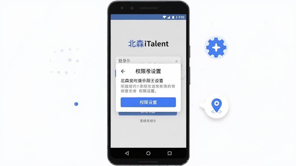 主体为一部安卓手机屏幕显示北森iTalent登录页面与权限设置弹窗;布局为手机居中,右侧悬浮齿轮图标与定位图标;排版上手机占画面主体;风格为扁平化科技插画;细节上弹窗按钮为蓝色高亮,屏幕内标注“北森iTalent”;画质清晰,画面干净,无多余元素