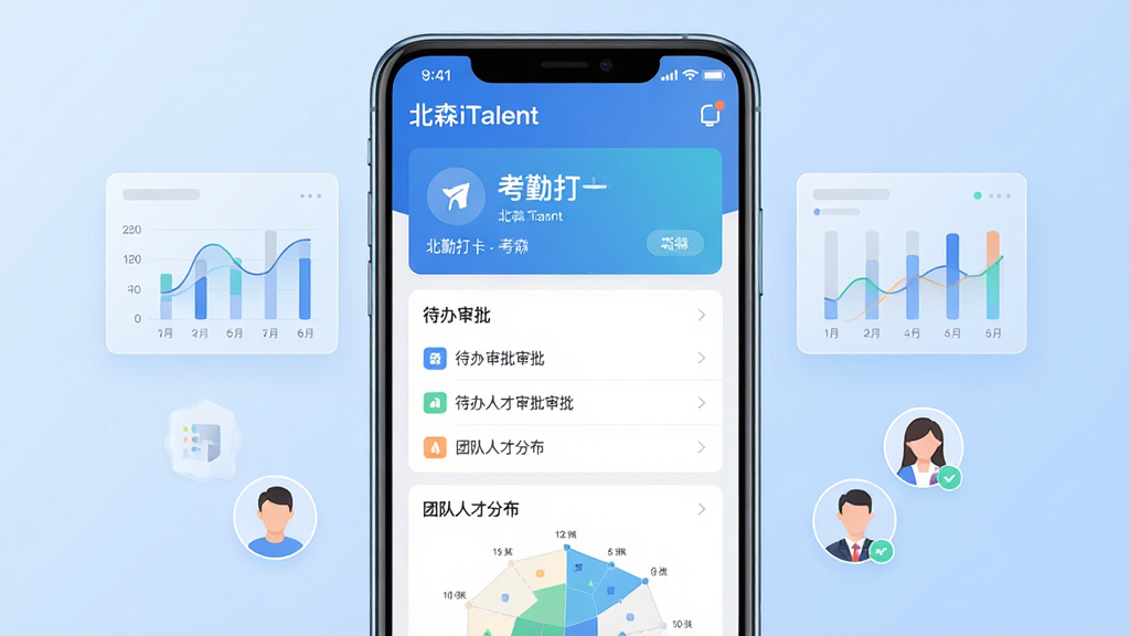 主体为一部竖屏安卓手机,屏幕中央展示北森iTalent应用界面,包含考勤打卡卡片、待办审批列表与团队人才分布图;布局采用居中对称构图,手机两侧悬浮半透明数据图表与员工头像图标;排版上手机占据画面中心三分之二,背景为浅蓝渐变;风格为现代商务扁平化插画;细节上手机边框带轻微高光,界面元素清晰可辨,屏幕内文字标注“北森iTalent”;画质高清,画面干净,无多余元素