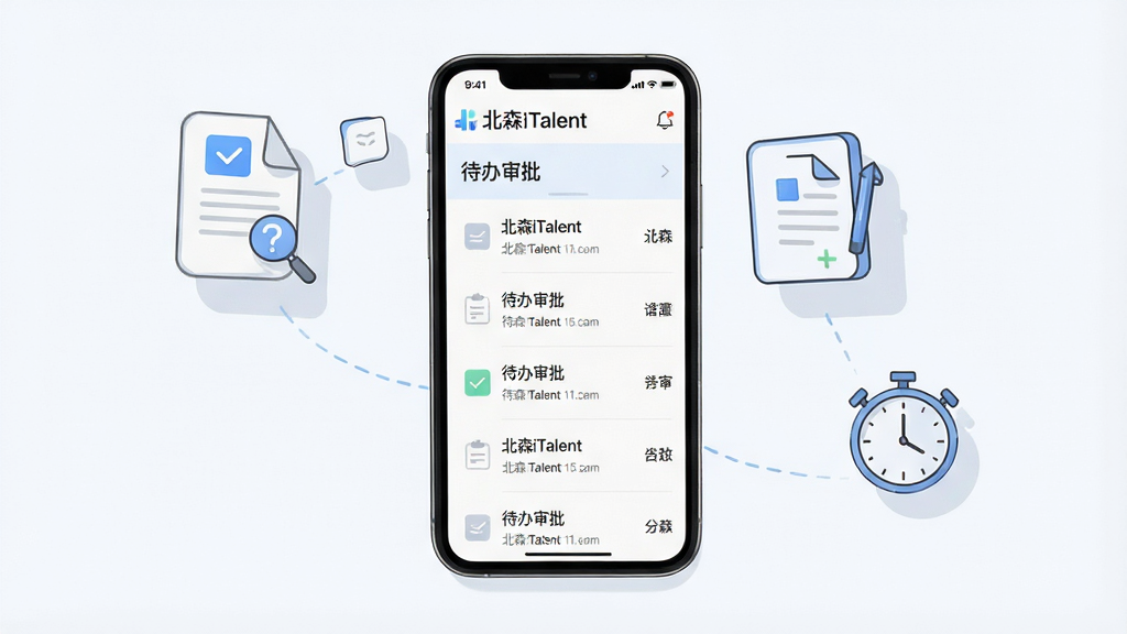 主体为一部智能手机屏幕展示北森iTalent审批流程列表,旁边悬浮电子合同图标与打卡时钟图标;布局为左中右三栏式信息流;排版上手机居中,图标环绕四周;风格为清爽商务插画;细节上每个图标带浅色投影,界面内文字标注“北森iTalent”与“待办审批”;画质清晰,画面干净,无多余元素