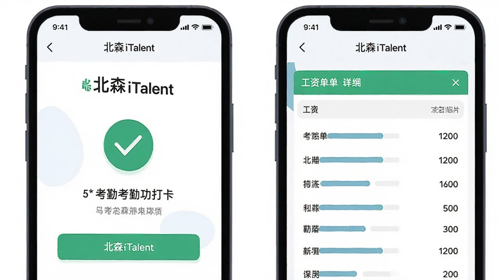 主体为智能手机屏幕显示北森iTalent考勤打卡成功界面与工资单明细页面;布局为左右并列双屏展示;排版上两屏手机并排居中;风格为简洁扁平化插画;细节上打卡界面带绿色对勾,工资单页面带数字条目,屏幕内标注“北森iTalent”;画质清晰,画面干净,无多余元素