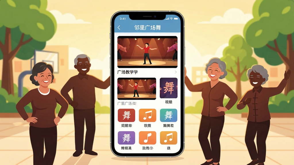 画面中央展示一部智能手机,手机屏幕上呈现“邻里广场舞”应用主界面,界面中排列着多个广场舞教学视频封面和舞曲分类图标;手机周围环绕着几位面带笑容的中老年舞者剪影,背景为清晨的社区广场与绿树;整体采用明亮温暖的色调,扁平化插画风格,构图均衡,细节清晰,画质干净,无多余元素