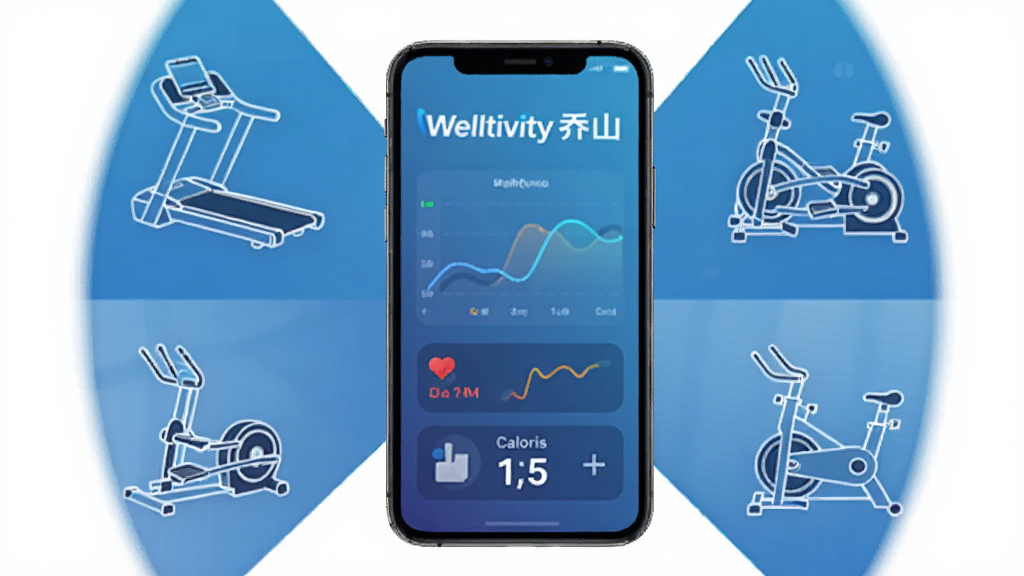 主体为一部智能手机居中摆放,屏幕显示健身数据仪表盘界面,界面中包含“Welltivity乔山”文字标识,周围环绕跑步机、椭圆机、健身车三台健身器械的简化线稿图标,布局采用中心放射式构图,风格为现代科技感扁平插画,细节包括蓝色渐变背景、数据曲线、心率图标、卡路里数字,画质清晰干净,无多余元素