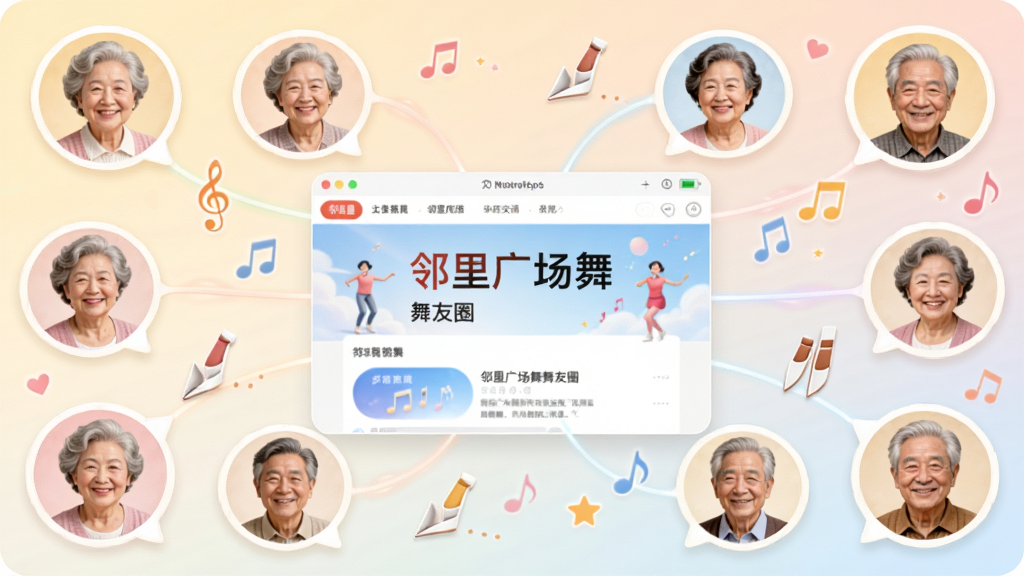 画面描绘一个温馨的线上社区交流场景,多位中老年用户头像以圆形气泡形式分布在画面中,气泡之间用柔和的线条连接,中心位置展示“邻里广场舞”舞友圈界面截图样式;背景为浅色渐变,点缀音符与舞步图标,整体风格清新明快,构图饱满,画质干净,无多余元素