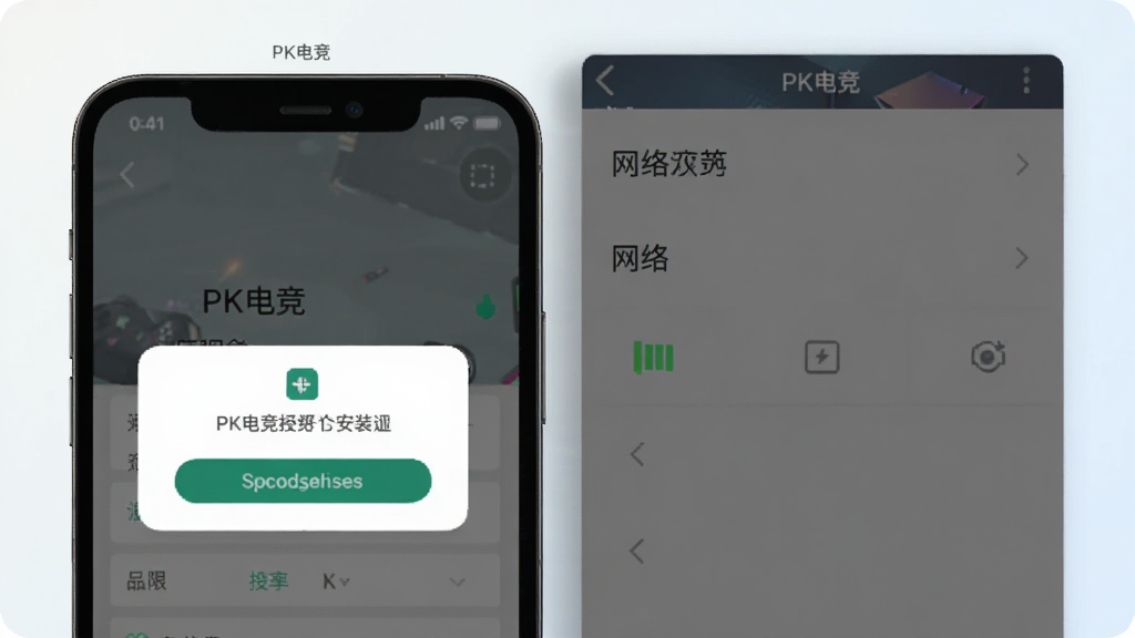 PK电竞新手安装设置示意图,画面为手机屏幕与设置菜单的组合构图,屏幕中显示权限授予弹窗与网络状态图标,顶部有“PK电竞”小字标识,背景为浅色渐变,风格清新简洁,画质清晰