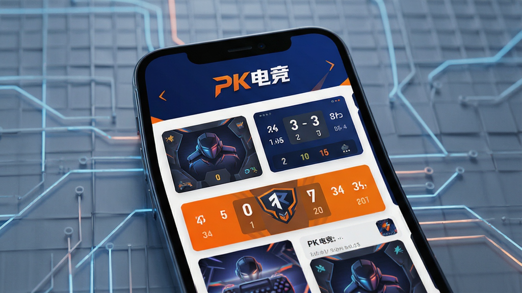 PK电竞赛事资讯页面展示图,画面主体为手机屏幕,屏幕中排列着赛事卡片与比分信息,顶部有“PK电竞”标识,配色以深蓝与亮橙为主,背景为简洁的科技网格纹理,风格现代清爽,画质细腻,无杂乱元素