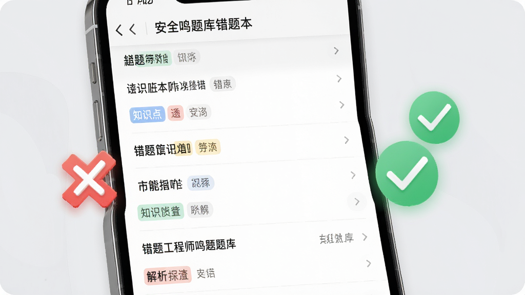 安全工程师鸣题库错题本功能界面特写,手机屏幕显示错题列表与解析详情页,旁边漂浮着红色叉号标记与绿色对勾图标,背景为淡灰色,布局为左右分栏展示题目与解析,风格为清新教育类UI设计,细节包括错题标签与知识点关联标签,画质清晰干净无多余元素