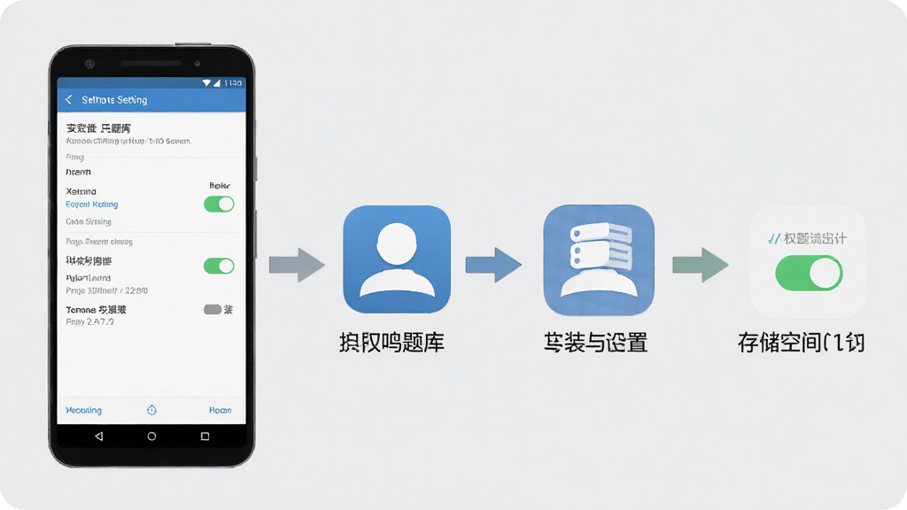安全工程师鸣题库手机端安装与权限设置示意图,画面展示安卓手机设置界面与软件图标并列摆放,旁边有箭头指示安装流程,背景为浅灰色,布局为步骤式横向排列,风格为教程图解风,细节包括权限开关图标与存储空间示意条,画质清晰干净无多余元素