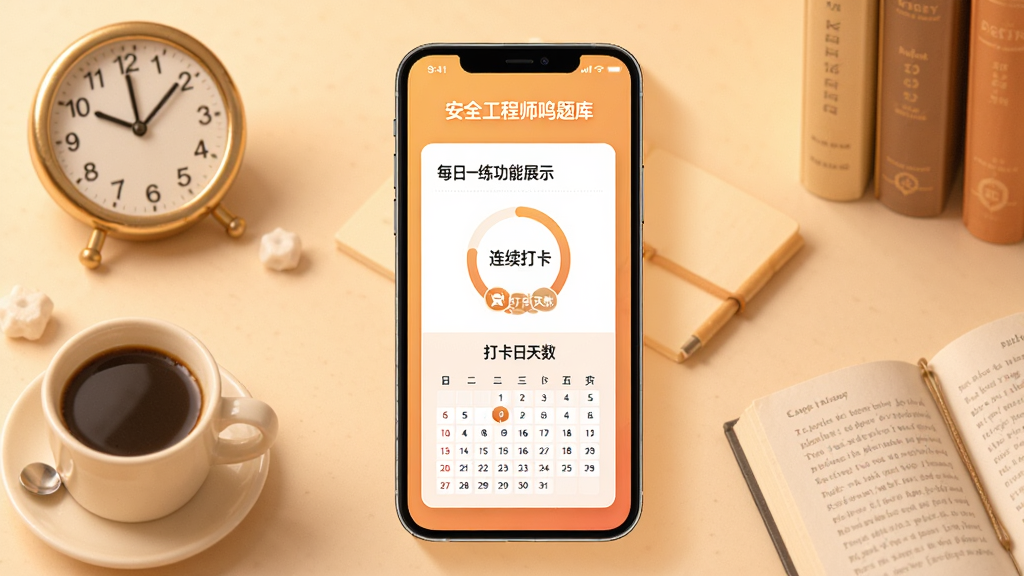 安全工程师鸣题库每日一练功能展示,手机屏幕呈现每日练习题卡片与打卡日历,背景为暖色调渐变,周围点缀时钟、咖啡杯与书本元素,布局为居中卡片式设计,风格为温馨学习场景风,细节包括进度圆环与连续打卡天数标识,画质高清干净无多余元素