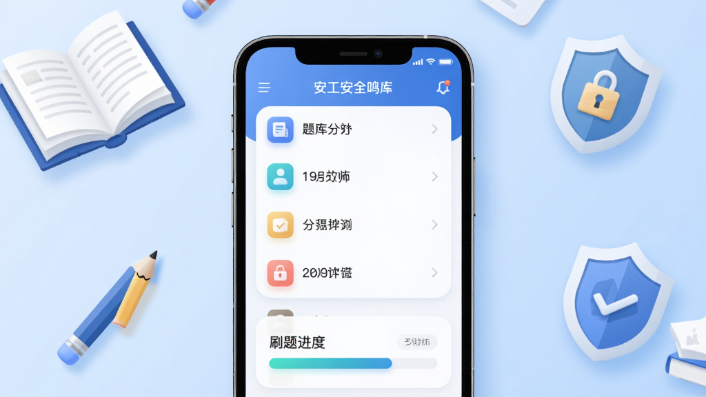 安全工程师鸣题库软件主界面展示,手机屏幕居中摆放,屏幕内呈现题库分类列表与刷题进度条,背景为浅蓝色渐变,周围点缀书本、铅笔、盾牌等学习与安全元素,整体布局简洁清爽,风格为扁平化现代科技风,细节包括图标圆角处理与柔和阴影,画质高清干净无多余元素