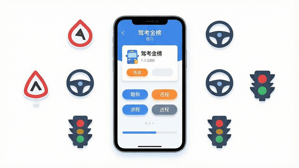 一张简洁明亮的手机应用界面展示图,画面主体是一部竖屏智能手机,屏幕上显示驾考金榜的题库练习页面,包含题目卡片、选项按钮和进度条,手机周围散布着交通标志、方向盘、红绿灯等扁平化小图标,布局居中对称,排版清爽留白充足,风格为现代扁平化UI插画,细节上按钮带轻微圆角与柔和阴影,配色以蓝白为主点缀少量橙色,画质高清干净无多余元素
