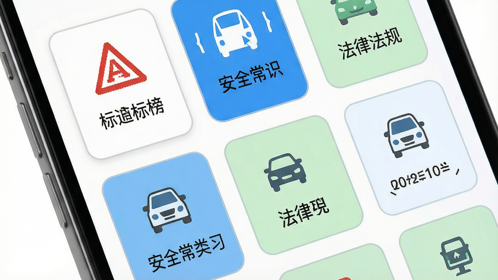 一张展示驾考金榜专项分类练习功能的界面示意图,画面为手机屏幕特写,屏幕上呈现多个分类卡片,卡片上写有交通标志、安全常识、法律法规等分类名称并配有对应小图标,卡片以网格形式排列,背景为纯白,整体风格为清爽的卡片式UI设计,细节上卡片带浅灰描边与圆角,配色以白、蓝、浅绿为主,画质高清干净无多余元素