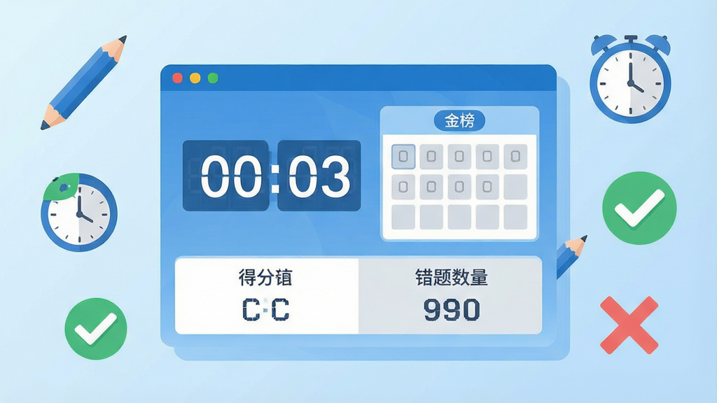 一张表现驾考金榜模拟考试功能的场景插画,画面中央是一块悬浮的考试界面面板,显示倒计时数字与答题卡格子,面板下方列出得分与错题数量,背景为浅蓝色渐变,周围点缀铅笔、时钟、对勾与叉号图标,布局以上下结构为主,风格简洁明快的扁平插画,细节上数字与图标边缘清晰,配色以蓝、白、浅灰为主,画质高清干净无多余元素