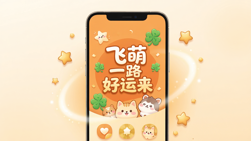 画面中央放置一部竖屏安卓手机,手机屏幕上显示“飞萌一路好运来”的启动界面,界面以暖橙色与浅金色为主色调,点缀卡通萌宠与四叶草元素,手机周围环绕柔和光晕与飘落的幸运星装饰,整体采用扁平插画风格,布局简洁居中,细节上突出圆角图标与柔和阴影,画质清晰干净,无多余元素,背景为浅米色渐变,风格温馨治愈,构图对称稳定,适合作为软件介绍头图
