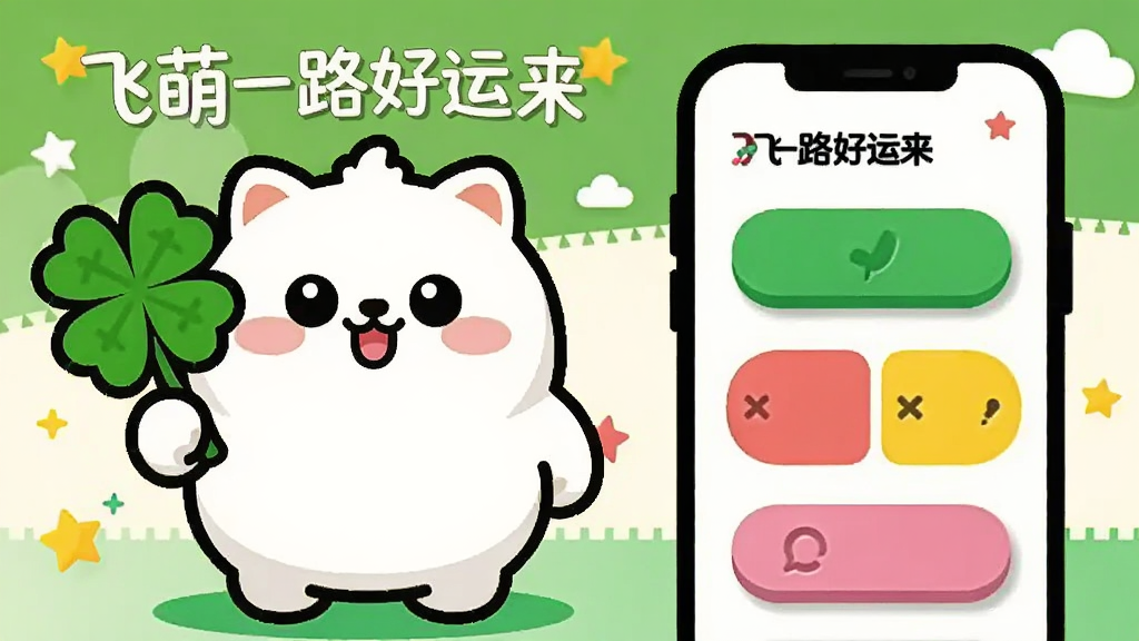 画面以“飞萌一路好运来”的卡通吉祥物为主体,一只圆滚滚的萌宠手持四叶草站在画面左侧,右侧为手机界面示意图,界面中展示圆角按钮与明快的色块分区,背景采用浅绿色与奶油白拼接,点缀小星星与云朵图案,风格为扁平化卡通插画,布局左图右界面形成对比,细节上吉祥物表情憨态可掬,按钮带轻微立体阴影,画质干净清晰,整体氛围轻松活泼