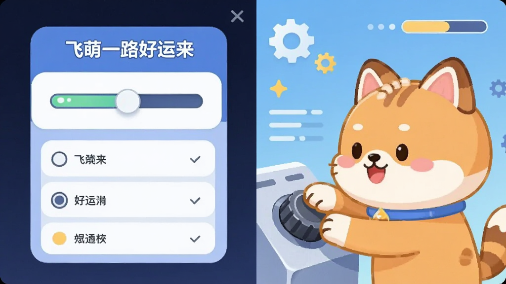画面采用分屏构图,左侧为“飞萌一路好运来”的设置面板示意图,面板中包含开关滑块与选项列表,右侧为萌宠角色正在调整旋钮的卡通形象,背景为浅蓝色渐变,点缀齿轮与进度条装饰元素,风格为扁平化UI插画,布局左右均衡,细节上滑块带高光、列表行距舒适,画质干净明亮,整体传达个性化与进度留存的概念