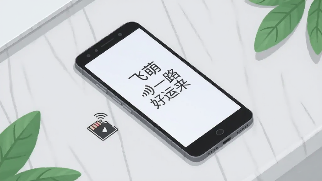 画面展示一部安卓手机平放在木纹桌面上,手机屏幕显示“飞萌一路好运来”的离线模式界面,屏幕旁放置一个小巧的存储卡图标与信号屏蔽符号,用以表达离线可用与低占用概念,背景为浅灰色简洁桌面,点缀几片绿色叶子,风格为简约科技插画,布局以手机为视觉中心,细节上图标线条纤细、配色柔和,画质清晰干净,无杂乱元素
