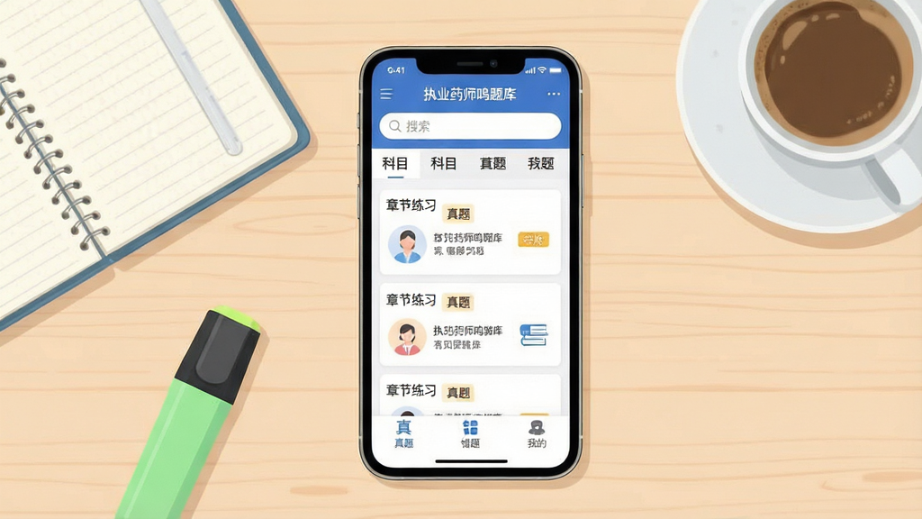 一张手机屏幕展示题库应用主界面的场景图,画面中央是一部竖屏手机,屏幕内显示“执业药师鸣题库”应用首页,顶部为搜索框与科目分类标签,中部为章节练习卡片列表,底部为真题、错题、我的三个导航按钮,手机周围摆放着笔记本、荧光笔和一杯咖啡,桌面整洁,背景为浅色木质桌面,整体采用清爽扁平化插画风格,光线柔和,细节清晰,画质干净,无多余元素