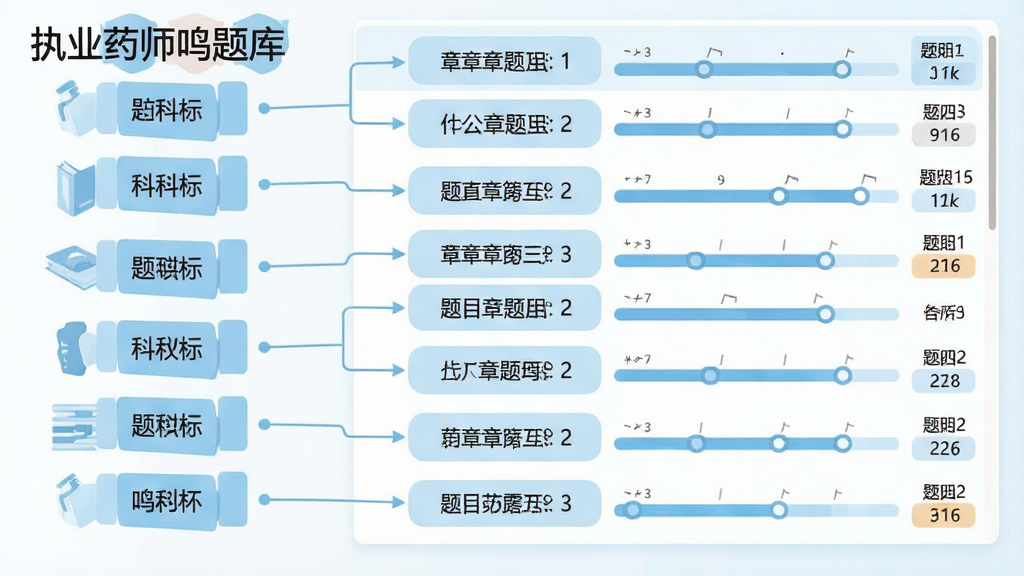 一张展示题库章节分类结构的示意图,画面左侧为竖排科目标签,右侧为展开的章节列表与题目数量进度条,中间用细线连接,整体采用浅蓝与白色配色,扁平化信息图风格,布局清晰,细节简洁,画质干净,图中标注“执业药师鸣题库”字样,无多余装饰元素