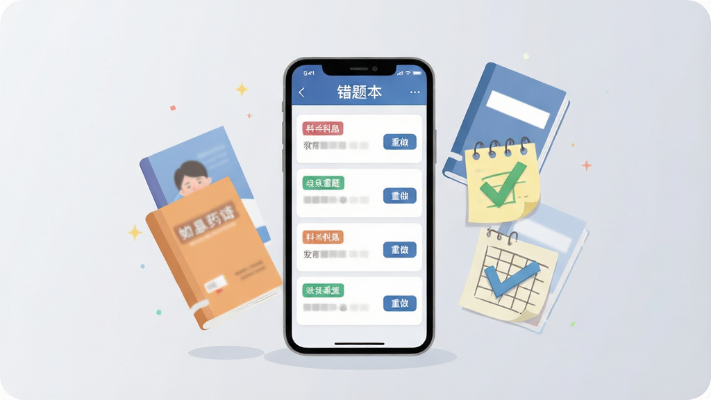 一张表现错题自动归集功能的场景图,画面中央是一部手机,屏幕显示错题本列表,每条错题带有科目标签与重做按钮,手机旁边漂浮着几本合上的练习册与一个打勾的便签,背景为柔和浅灰渐变,扁平插画风格,布局居中,细节干净,画质清晰,图中出现“执业药师鸣题库”文字,无杂乱元素