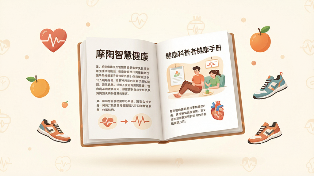 画面展示一本翻开的电子健康手册悬浮在空中,书页上显示“摩陶智慧健康”健康科普文章与插图,手册周围点缀心率图标、水果、运动鞋等元素,背景为暖白色,布局居中对称,风格温馨简洁,细节突出文字排版与图标细节,画质清晰,干净,无多余元素